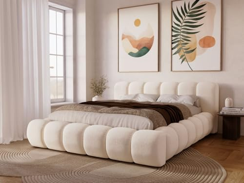 GRAINGOLD Doria Bett 140x200, Polsterbett mit Bettkasten, Polsterbett mit Stauraum, Velour, mit Lattenrost, mit Kopfteil, ohne Matratze (Creme, 140x200)