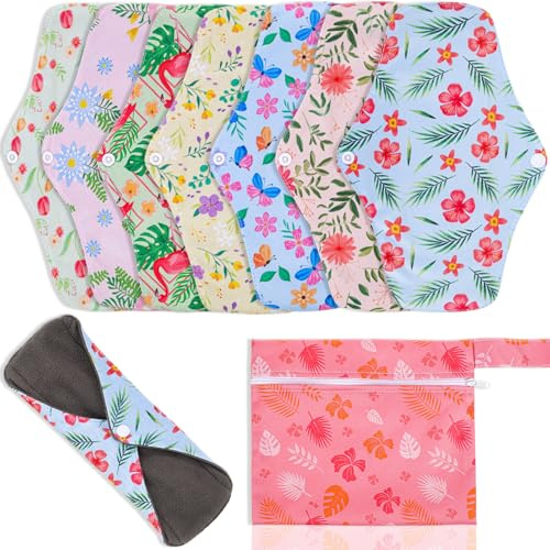 XEPST Wiederverwendbare Damenbinden, 7 Stück Reusable Waschbare Slipeinlagen mit Nassem Beutel, Waschbar Damenbinden für Menstruation, Auslaufsicheres Design, Geeignet für alle Frauen, 10.2 x 7