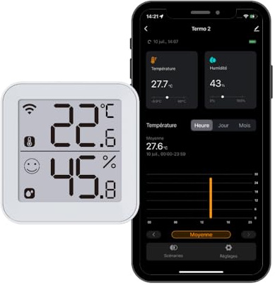 Konyks Termo 2, Thermomètre Hygromètre connecté Wi-Fi, Grand écran, Lecture à distance, déclenche d'autres appareils Konyks en fonction des mesures, Compatible Alexa et Google Home