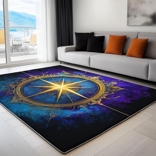 YEGRFJIS Waschbarer Teppich mit Goldener Kompass, Moderner 3D-Druck Kaschmir-Imitat-Teppich, rutschfeste Kurzflor-Matte für Flur, Eingangsbereich & Wohnzimmer(100x180cm/Multicolor)