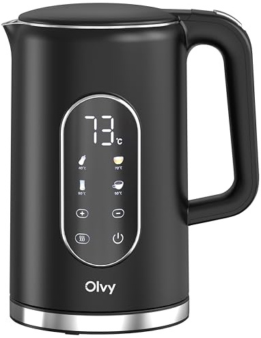 Olvy Bouilloire électrique 1,7 L avec contrôle de la température – 2200 W ébullition rapide – Fonction maintien au chaud – Double paroi en acier inoxydable – Extérieur froid au toucher – Filtre