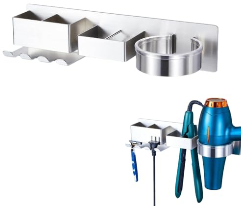 Soporte Secador Pelo Plancha 2en1 para Baño Aluminio Sin Taladrar Plata | Colgador pared doble ranura, borde silicona no raya antideslizante, disipación calor adhesivo fuerte, ideal ducha dormitorio