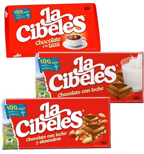 Pack La Cibeles 3 tabletas:Chocolate a la taza 300g, con Leche 125g y con Almendras 125g.