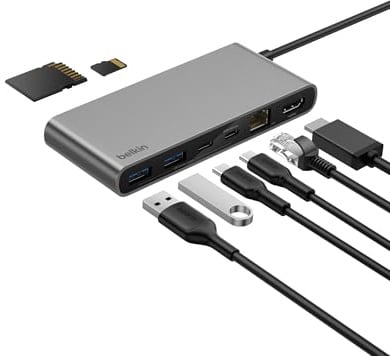 Belkin Connect Hub USB C a 8 Porte, Supporta Display con Risoluzioni Fino a 4K a 60 Hz, Funziona con Mac, Windows e Chromebook, 100W PD con Trasferimenti dati di 10Gbps ed Ethernet 2,5 Gbps - Grigio