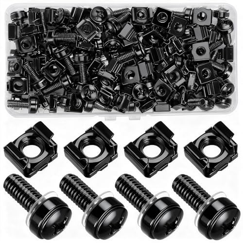 qxayxa 110 pièces/55 sets écrous à cage M6x20 mm + vis, noir, rack serveur | 110 pcs (55 sets) M6x20 mm noirs: écrous à cage + vis; pour baies 19/armoires réseau; acier, montage rapide, maintien sûr.