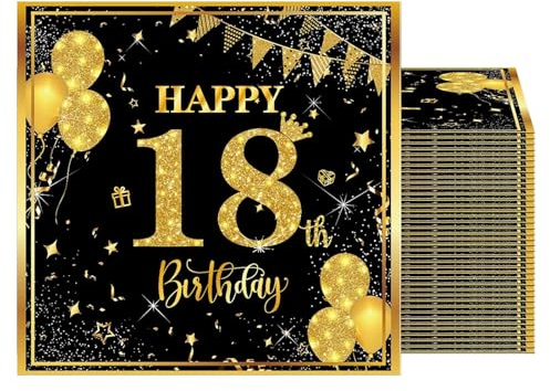 Ovanda 20 Stück Servietten 18.Geburtstag Junge, 33 x 33cm Schwarz Gold Papier Party Servietten Tischdeko für 18. Geburtstag Junge Mädchen Happy Birthday Servietten Decorations, Party Tischdeko