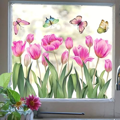 WandSticker4U®- Fensterbilder Blumen selbstklebend TULPEN in Rosa (58 x45 cm) I Fenstersticker Frühling Pflanzen Schmetterlinge I Fensterdeko Wohnzimmer Frühlingsdeko Blumen Küche Bad