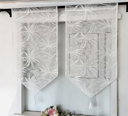 Vordesack Jacquard Panneaux mit Ahornblatt Muster 2 Stück HxB 120x60cm | Scheibengardinen mit Quaste Lichtdurchlässig Küchengardinen Landhausstil Unifarbige Weiß Kurzstore für Küche Wohnzimmer