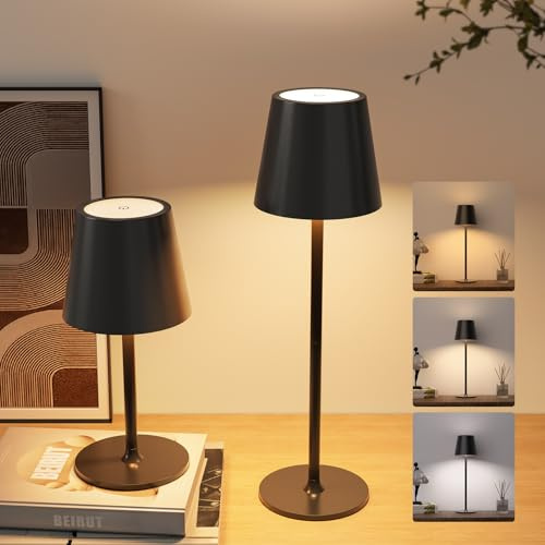 RIXGLEAM Tischlampe Kabellos, LED Tischlampe Akku USB Aufladbar, 5000mAh LED Tischleuchte Kabellos, 3 Höhenverstellbar Aluminium Touch Lampe für Outdoor und Indoor, 2 Stück, Schwarz