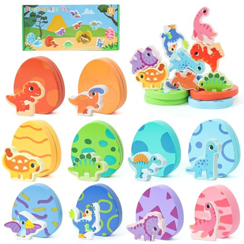 LZDMY Baby Montessori Toys for 1 Year Old, Wooden Dinosaurs Eggs Puzzles | Toddlers Sensory Educational Sorting Matching Game, 1st Birthday Gifts for Babies Boys Girls