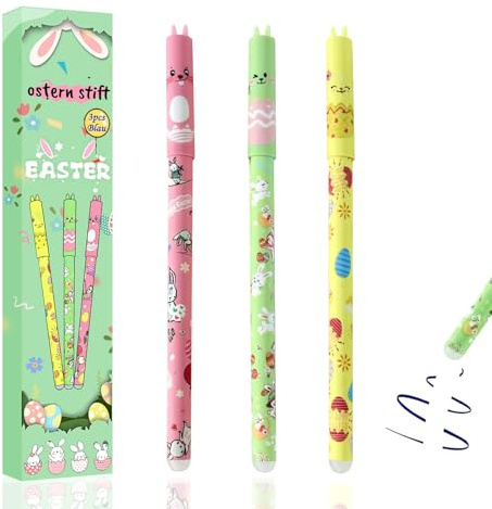 Flanliy Radierbarer Kugelschreiber Ostern Edition 2026, 3PCS Ostern Stifte mit Osterhase und Ostereier, 0,5 mm Spitze, Blau Stiftmine für Studenten Schule Büro (Ostern)