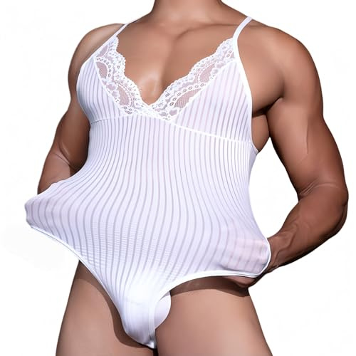MANJIAMEI Herren Ärmelloser Leotard Body mit Spitzenbesatz, Transparent Gestreift Einteiler, Unterhemd, Herren Dessous Mesh Body, Party Clubwear Nachtwäsche Weiß
