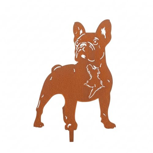 Kapaga - Edelrost Gartenstecker French Bulldog - Rost Deko Hund Rostfigur | Gartendeko für Draußen - stabile Metall Gartenfigur aus Stahl - Wetterfest für Beet Terrasse - 37x23cm