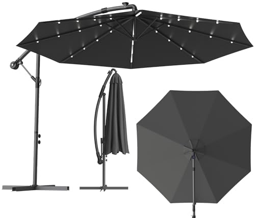WoRaum Parasol à Manivelle avec Pied Croix Inclus – Parasol de Balcon & Jardin Extérieur, 8 Baleines, Ouverture de Toit,180g Polyester (3m/3.5m, Rund, Beige/Gris foncé /,avec lampe/no lampe)