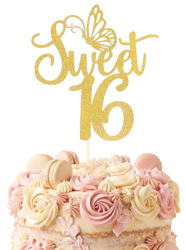 GEEHUA Sweet 16 Cake Topper, Goldener Tortenaufsatz zum Geburtstag Dekoration Süß 16 Kuchendekoration Kuchen Deko Tortendeko 16 Geburtstag Deko für Geburtstag Party Jubiläum