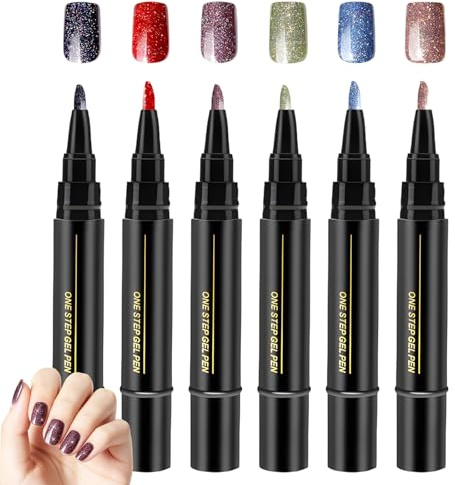 6 Pcs Nail Polish Pens, 3 In1 Glitter Gel Nail Varnish Pens, One Step Quick Dry Nails Polish Pen for Home DIY and Professional Use