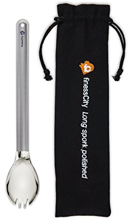 finessCity Titanium Long Handled Spork - 9.65inch/245mm Ultra Lightweight Long Camping Spork with Polished Bowl and Waterproof Cloth Case for Travelling, Backpacking and Hiking