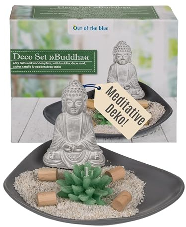 Out of the Blue Dekoteller Holz grau - Maße ca. 20 × 16 cm - Deko-Set mit Buddha, Kaktuskerze & Sand - Zen Tischdeko - Geschenkfertig verpackt