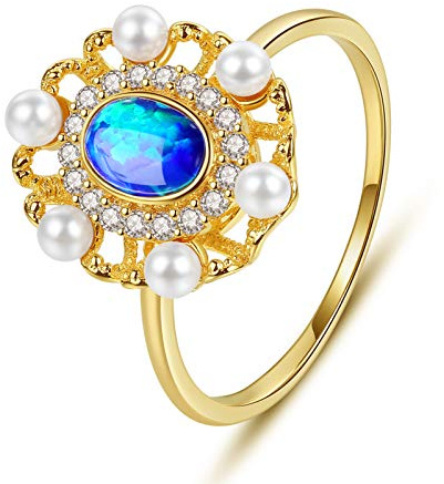 VIKI LYNN Damen blauer Opal Ring mit Perlen aus 18K vergoldetem Hochzeits-Verlobungsschmuck für Frauen Ringgröße 54 (17.2)