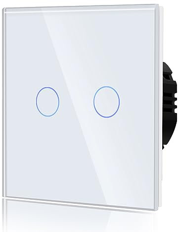 BSEED Interrupteur Tactile 2 Gang 2 Voie Commutateur d'éclairage Mural Compatible avec la lumière LED Écran Tactile en Verre Plaque de Cristal Trempé avec Rétroéclairage Bouton 86 * 86mm Noir