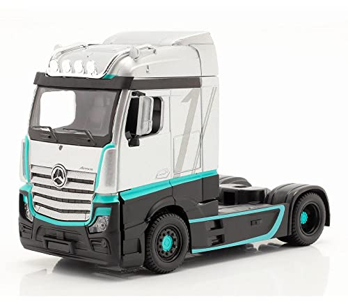 Burago | Cabine de Camion Mercedes Benz Actros | Reproduction de Voiture Miniature à échelle 1/43 | Gris et Vert | Jouet pour Enfant à Collectionner | B18-32202