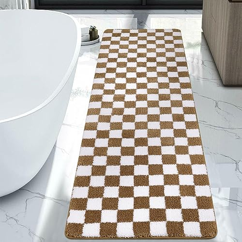 Uphome Badvorleger, Khaki, kariert, extra lang, rutschfest, wasserabsorbierend, Badezimmerteppich, lang, weiche Mikrofaser, maschinenwaschbar, Duschmatten für Badezimmer, Waschbecken, Wohnzimmer, 61 x