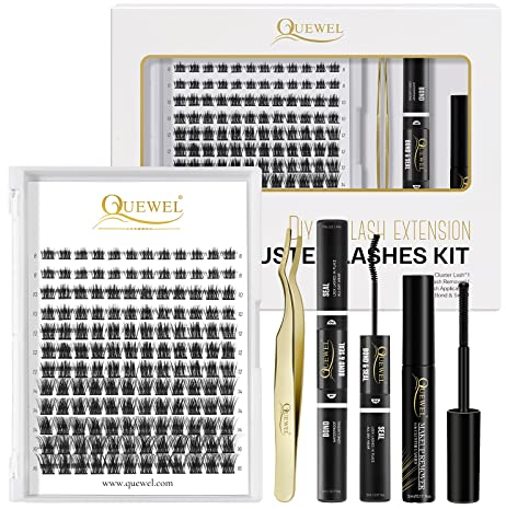 QUEWEL 144 Pcs DIY Wimpern Extensions Set, Applicator Tool, Super Hold Kleber und Versiegelung, Cluster Wimpern für DIY-Wimpernverlängerung(QU-H-DH-03)