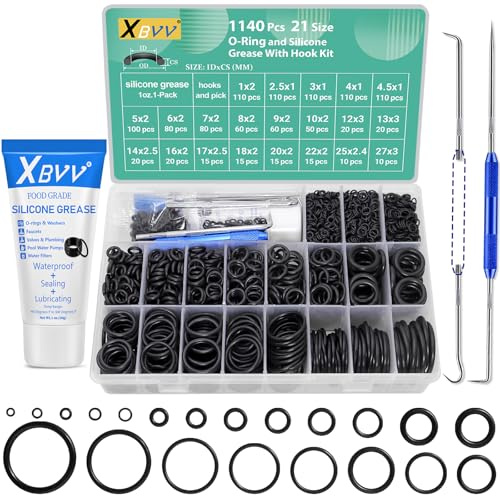 XBVV 1140 Pcs O Ring Assortment and 1oz Silicone Grease Kit for Plumber Faucet Pressure Washer Seal Repair,Plumbing Rubber O-rings Lubricant,21 Size