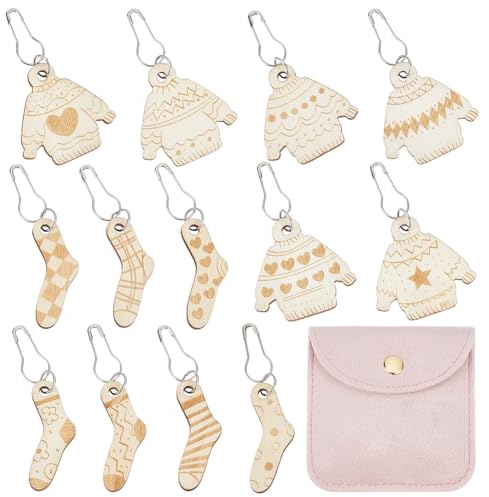 BENECREAT 13 Stück Abnehmbare Maschenmarkierer, Holz Verschließbarer Weihnachtssocken Und Kleidung Häkel-Maschenmarkierer Mit Samt-Aufbewahrungstaschen Zum Stricken Und Häkeln