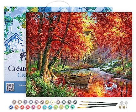 Figured'Art Malen Nach Zahlen Erwachsene Mit Rahmen Boot am Herbstlichen Fluss - Paint by Numbers Basteln DIY Bastelset 40x50cm - Leinwand gespannt auf Holzrahmen