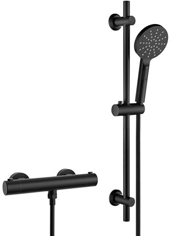 Görbach Mitigeur Thermostatique avec Ensemble Colonne de Douche en Acier inoxydable, Barre de douche de 70 cm et Douchette et Tuyau pour Salle de Bain, DSD12 Noir mat