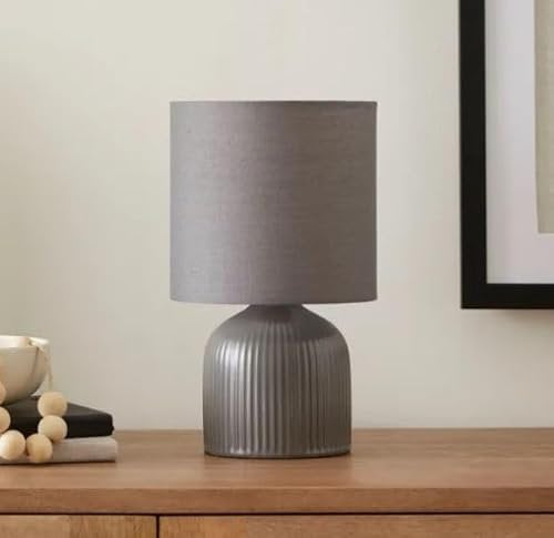 RA-HOMESTORE® New Small But Elegant Ribbed Ceramic Table Lamp Bedside Table Lamp Ceramic Base and Fabric Shade (25cm) (Grey)