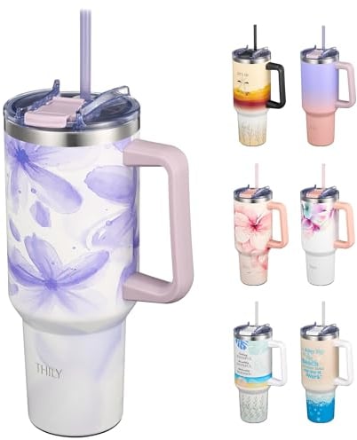 THILY 40 oz Insulated Tumbler with Handle - Stainless Steel Coffee Travel Mug with Lid and Straws, Cupholder Friendly, Dishwasher Safe, for Cold Drinking, Tea, Iced Water, Violet Leaves