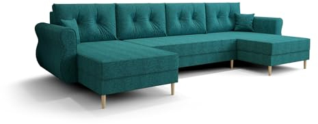 roe furniture Ecksofa mit Schlaffunktion 300x140x93 cm - Wohnlandschaft U Form - Kollektion Apollo U - Sofa U Form - Eckcouch mit Bettkassen - Türkis