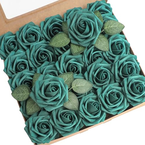 Floroom Artificial Flowers 25pcs Real Looking Dark Teal Foam Fake Roses with Stems for DIY Wedding Bouquets Bridal Shower Centerpieces Floral Arrangements Party Tables Home Decorations