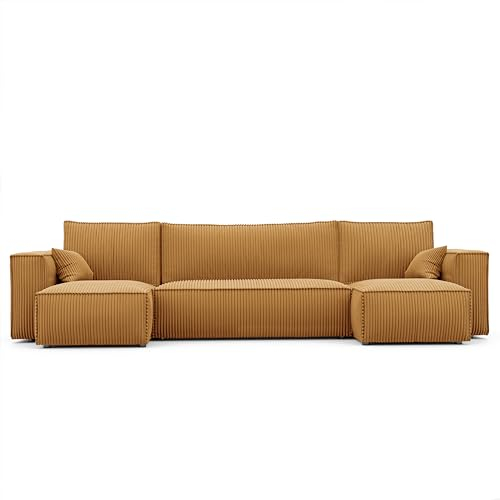 GREKPOL Ecksofa Paris U Poso Cordstoff Sofa Couch mit Schlaffunktion Bettkasten (Senfgelb Poso 01)
