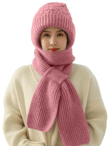 CheChury Femme Bonnet Echarpe 2 en 1 Tricotés Ensemble Femme Hiver Bonnet Echarpe de Doublure Polaire Une pièce Bonnet avec Cache-Cou Élégant pour Femme,Rose
