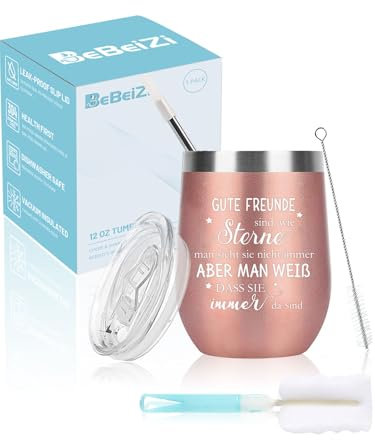 Geschenke für besten Freundinnen, Edelstahl Weinglas mit Gute Freunde sind wie Sterne. Vakuumisoliert Thermobecher to go mit Deckel und Strohhalm, Geburtstagsgeschenk für Frauen, Weihnachtsgeschenke