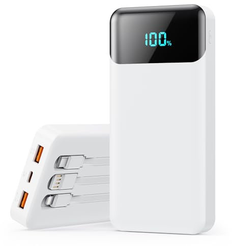 Power Bank 26800mAh Bateria Externa con 3 Cable Integrado, PD 25W QC4.0 Bateria Portatil Carga Rápida USB C Cargador Portátil con 5 Salidas para iPhone 16/15/14,Samsung,Huawei Teléfonos Android-Blanco