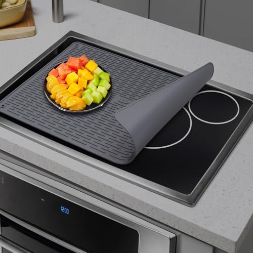 Herdplattenabdeckung für Elektroherd, Herdabdeckung, hitzebeständige Herdplatte, Silikon-Herdmatte für Glasplatte, Abtropfmatte für Küchentheke (Dunkelgrau 76x54cm)