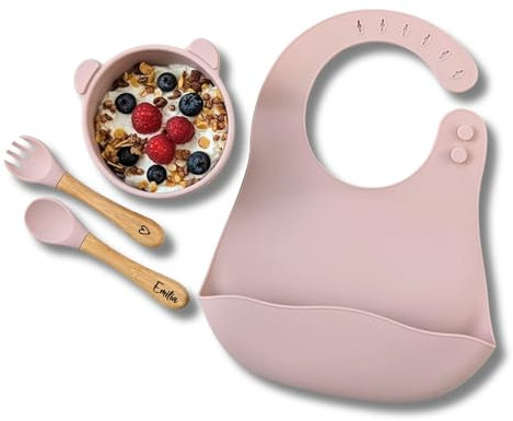 C|UTE – Kindergeschirr personalisiert mit Namen | Schüssel mit Saugnapf & Kinderbesteck (Esslernlöffel, Gabel) graviert | BPA-frei | Geschenk Babygeschirr ab 12 Monate (Rosa, Set mit Lätzchen)