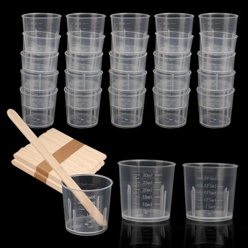 YKUKIZEE 100 PCS 30 ML Plastic Measuring Cups with Wood Sticks, Clear Paint Mixing Cups, Small Resin Mixing Cup Transparent for Epoxy Stain Graduated
