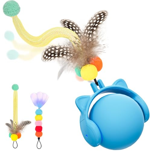 GoldenSun Katzenspielzeug, Elektrischer Rollball mit Federschwanz für Hauskatzen, Bewegungsaktiviertes Springendes und Zwitscherndes Katzenballspielzeug, Wiederaufladbar über USB, Blau