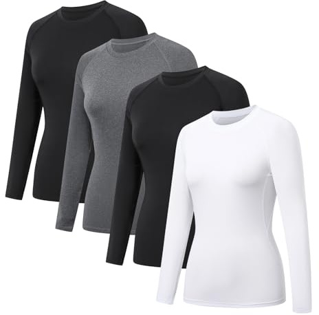 HYCOPROT 4 Pack Camisetas de Compresión para Mujer Manga Larga Ropa Deportiva Secado Rápido Transpirable Top Deportivo Base Shirts para Gimnasio Yoga Running Senderismo Trekking Ciclismo Fitness