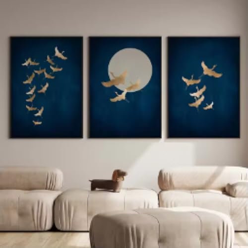 Klassische dunkelblau-goldene japanische Kranich-Wanddekoration, 3 Leinwandgemälde, für Zimmer, Wohnzimmer, Kranich-Vogel-Druck, Dekor, 50 x 70 cm x 3, rahmenlos