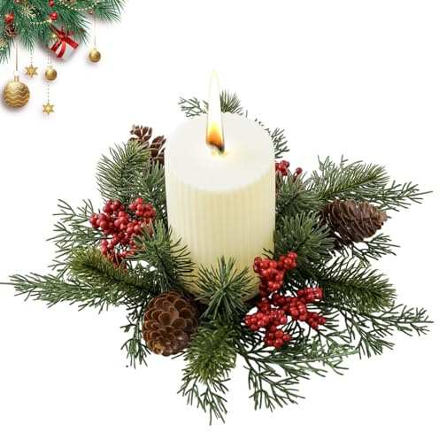 Weihnachts-Kerzenringe mit roten Beeren, künstliche Stumpenkerzenringe Ø25cm, biegsam und langlebig, für Weihnachtskerzen, Adventskranz und Tischdekoration