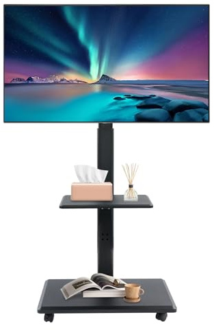 ROMYIX Mobile TV Stand on Wheels, Rolling TV Floor Stand with 3 Tier Media Shelves, Adjustable Height/Angle, Universal TV Mount Stand for 32-70 TVs, Holds up to 45kg, Max VESA Compatible (Black)