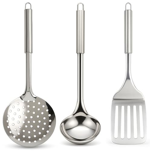 Gardenko Edelstahl Kochset 3-teilig – Küchenutensilien Set aus rostfreien Stahl 304 (18/8) - Schöpflöffel, Schaumlöffel, Pfannenwender zum Aufhängen, Spülmaschinenfest, leicht zu reinigen