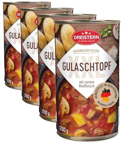 DREISTERN Gulaschsuppe 1200g I Mit Rindfleisch & Gemüse I XXL Herzhafter Eintopf in recyclebarer Konservendose I Lange Haltbarkeit dank natürlicher Konservierung I Hausmacher Qualität (Packung mit 4)