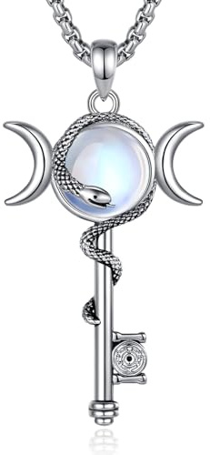 INFUSEU Hekate Kette Mondstein Schlange Schlüssel Triple Mond Göttin Schlüssel Anhänger Hexerei Wicca Vintage Unique Halskette Schmuck Schutz Geschenk für Damen